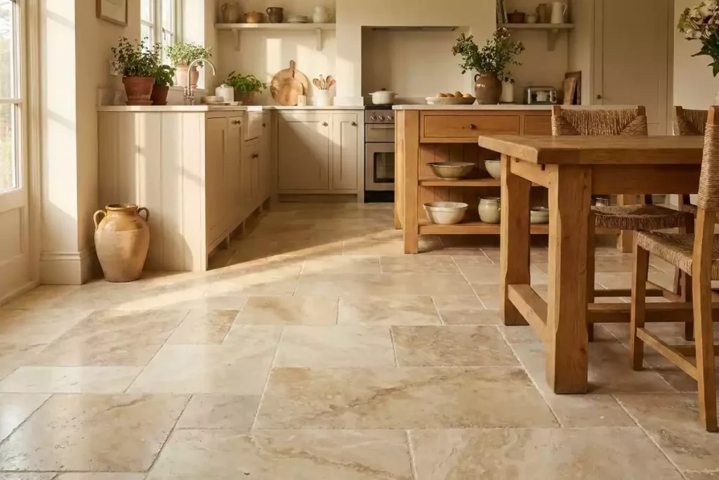 cuisine beige avec sol travertin
