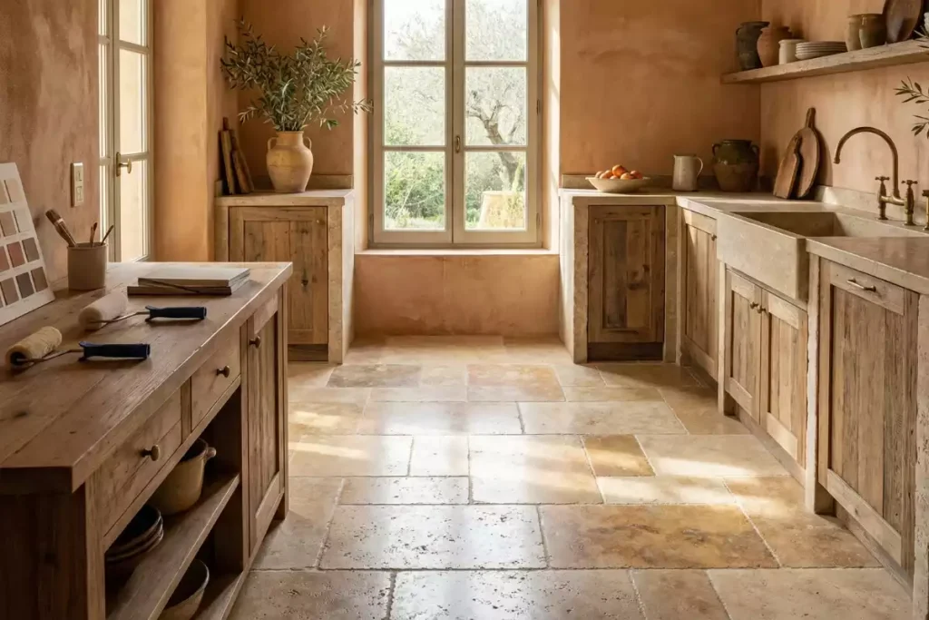 cuisine bois naturel sol travertin
