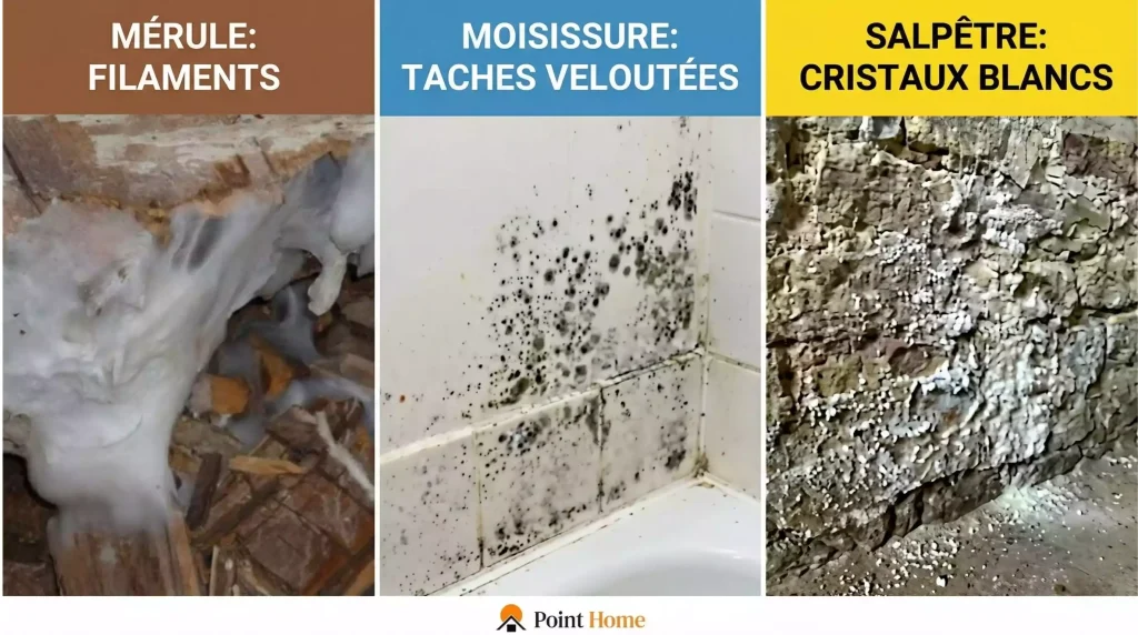 salpêtre sur mur et mérule dans placo
