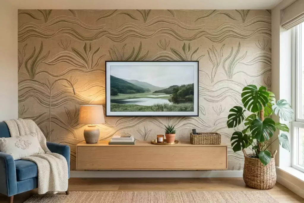habillage papier peint mur tv derrière