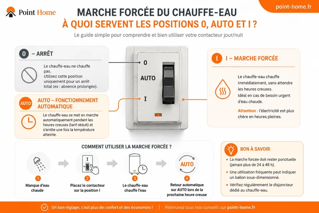 Infographie expliquant les positions 0, AUTO et I du contacteur jour/nuit d'un chauffe-eau et le fonctionnement de la marche forcée